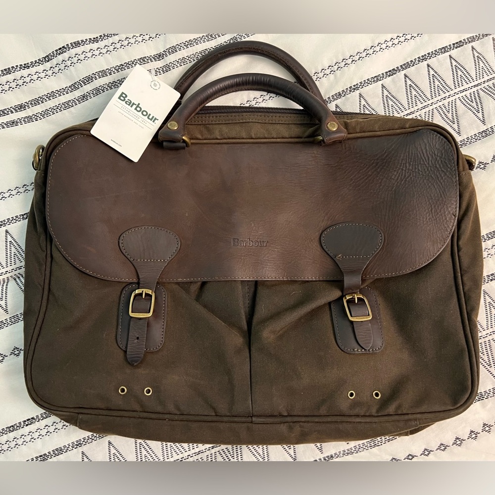 Barbour Olive Canvas and Dark Brown Leather Briefcase